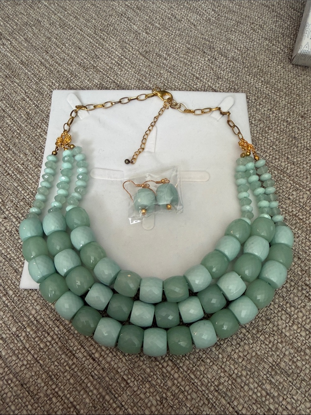Multi-Strand Mint Green Bead Statement Necklace with Matching Earrings